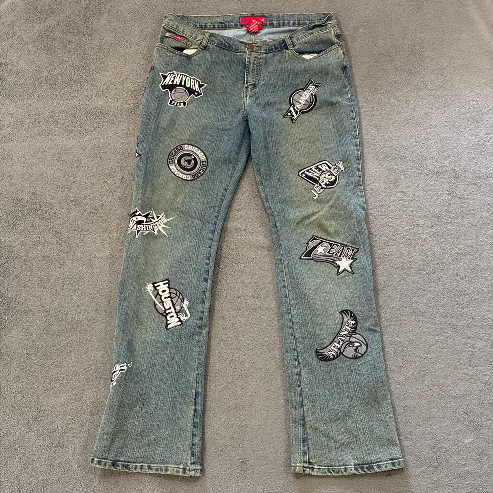 Vintage 2000s Y2K Le More Embroidered Patches Blue Denim Jeans Women's Size 17